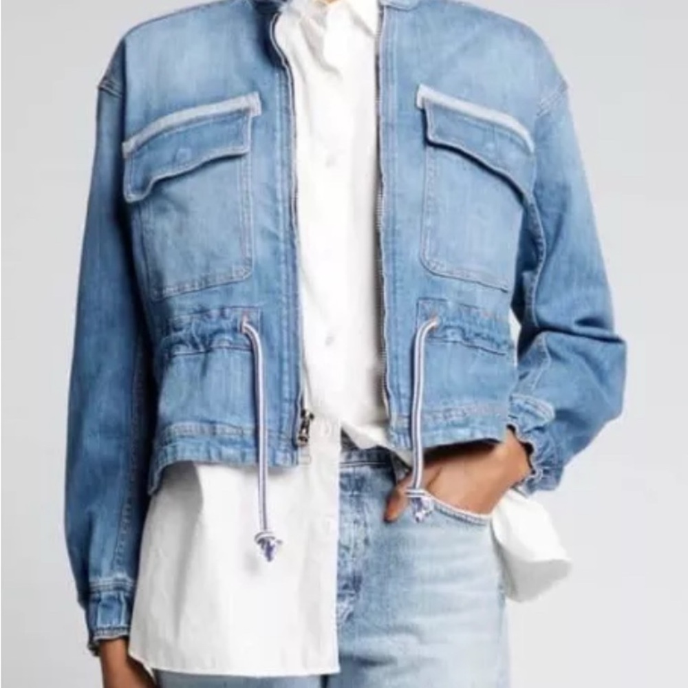 Veronica Beard XS Denim ROZ Peplum Drawstring Zip Front Jacket in ASTRA